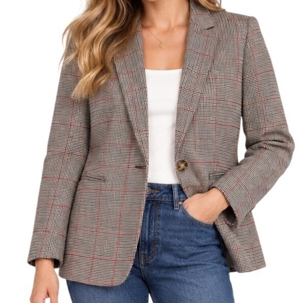 J.Crew Brown Glen Plaid Red Overcheck Single Button Parke Blazer Women's 16